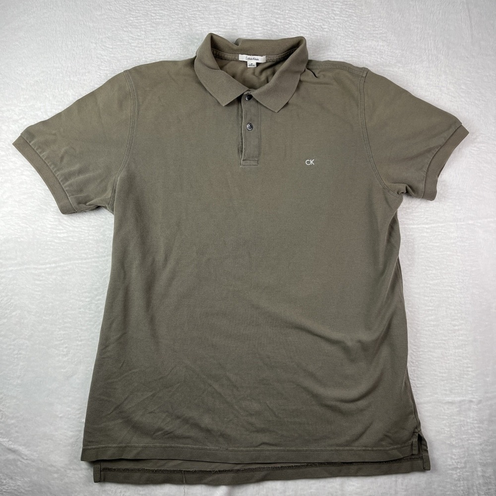 Calvin Klein Polo Shirt Mens Medium Olive Green Side Slit Golf Tennis Casual